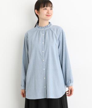 コットン混裏起毛ストライプ　フリル襟ブラウス(サックス-F)