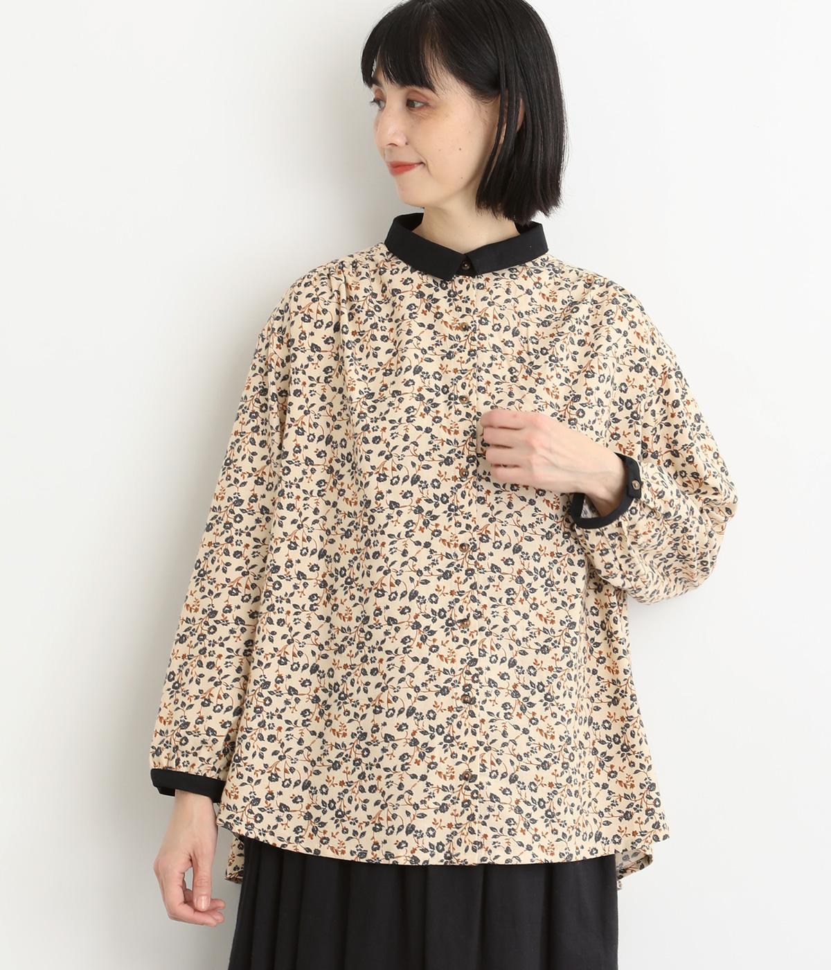 コットンツイル微起毛花柄プリント　配色ブラウス(アイボリー-F)