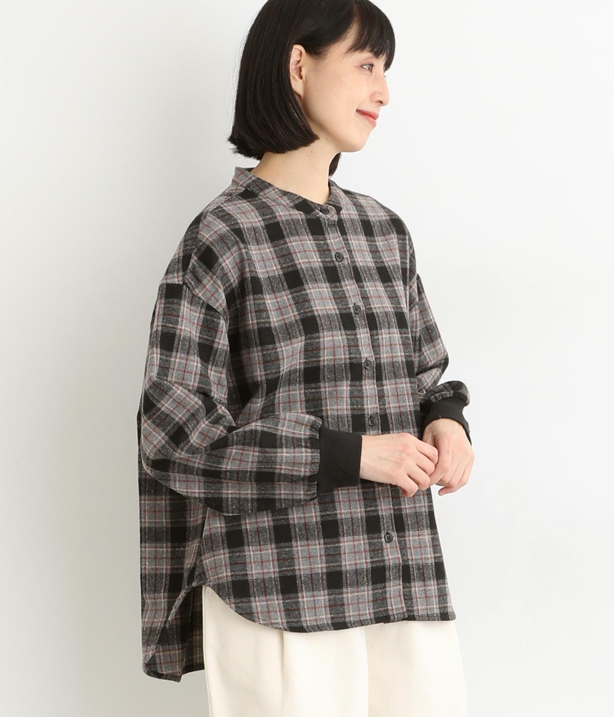 ウール混平織起毛チェック　袖リブ羽織りブラウス(グレー-F)