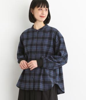 ウール混平織起毛チェック　袖リブ羽織りブラウス(ブルー-F)