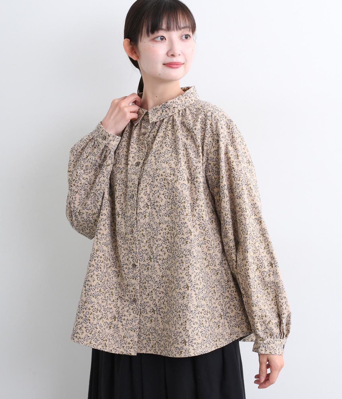 微起毛小花柄プリントブラウス(ベージュ-F)