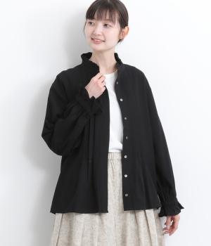コットン綾織裏起毛タックブラウス(ブラック-F)