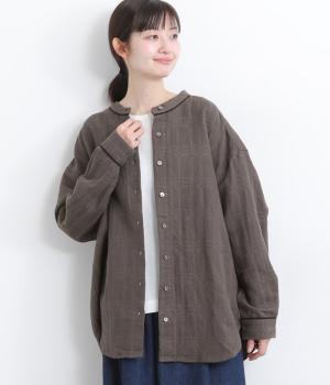 リネンコットンチェック柄ジャカードチュニックブラウス(ブラウン-F)