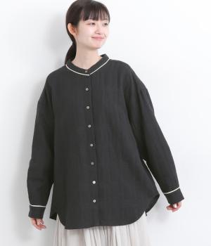 リネンコットンチェック柄ジャカードチュニックブラウス(ブラック-F)