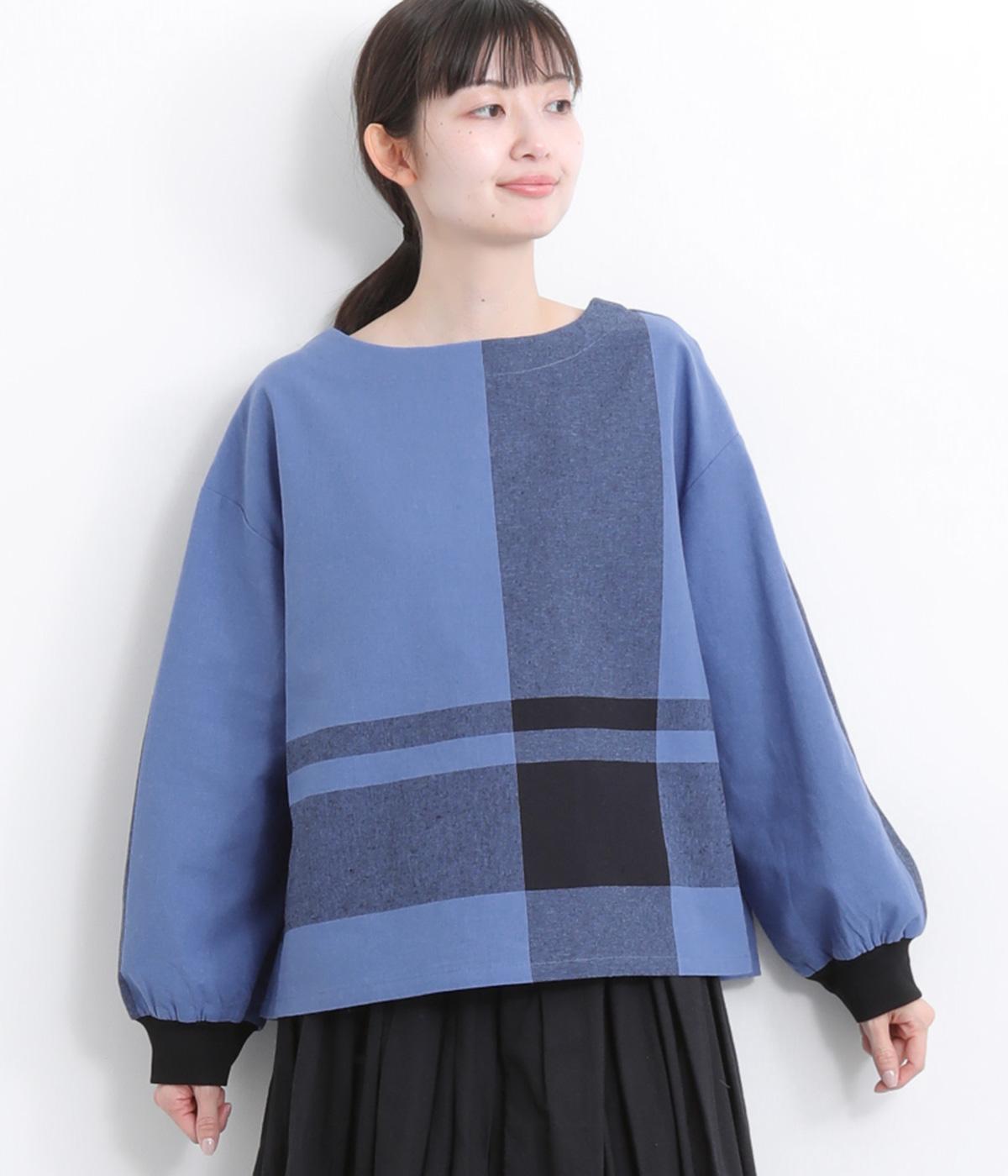 コットンリネンパネル格子柄リブブラウス(ブルー-F)