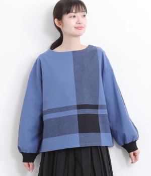 コットンリネンパネル格子柄リブブラウス(ブルー-F)