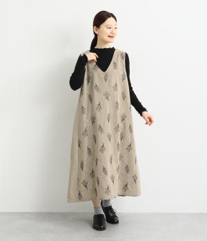 ダンガリードライフラワー刺繍2wayジャンパースカート(ベージュ-F)