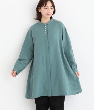 コットンリネン平織チュニックワンピース(グリーン-F)
