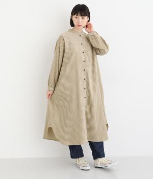 細コーデュロイストライププリントワンピース(ベージュ-F)