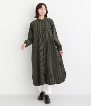 細コーデュロイストライププリントワンピース(カーキ-F)