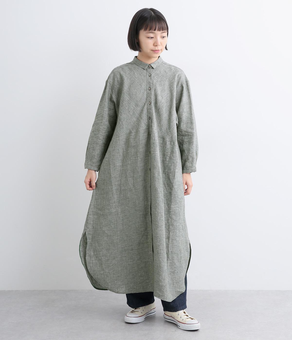 リネン100％千鳥柄ワンピース(グリーン-F)