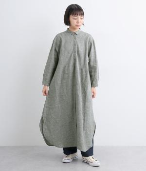 リネン100％千鳥柄ワンピース(グリーン-F)