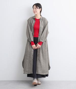 リネン100％千鳥柄ワンピース(ブラック-F)