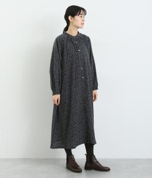 薄起毛花柄プリント　ワンピース(ネイビー-F)