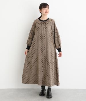 コットンシャンブレードットプリントワンピース(ブラウン-F)