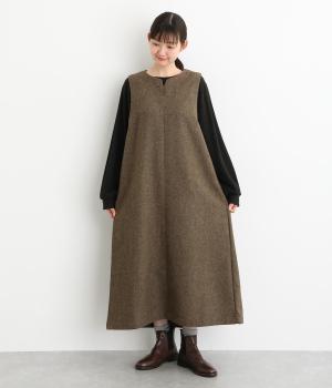 ウール混ミックス調平織　ジャンパースカート(モカ-F)