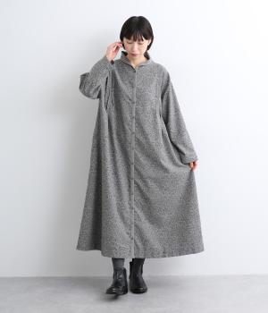 微起毛小花柄プリント　ショールカラーワンピース(グレー-F)