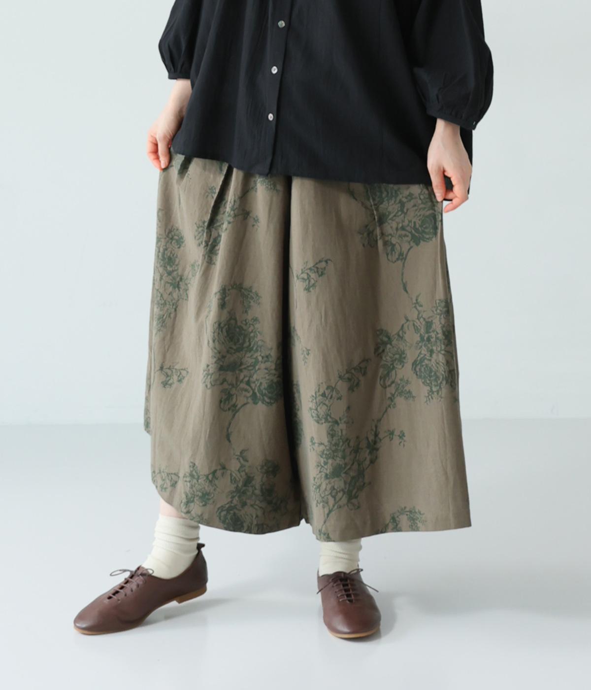 レーヨンリネン　大花プリントワイドパンツ(グリーン-F)