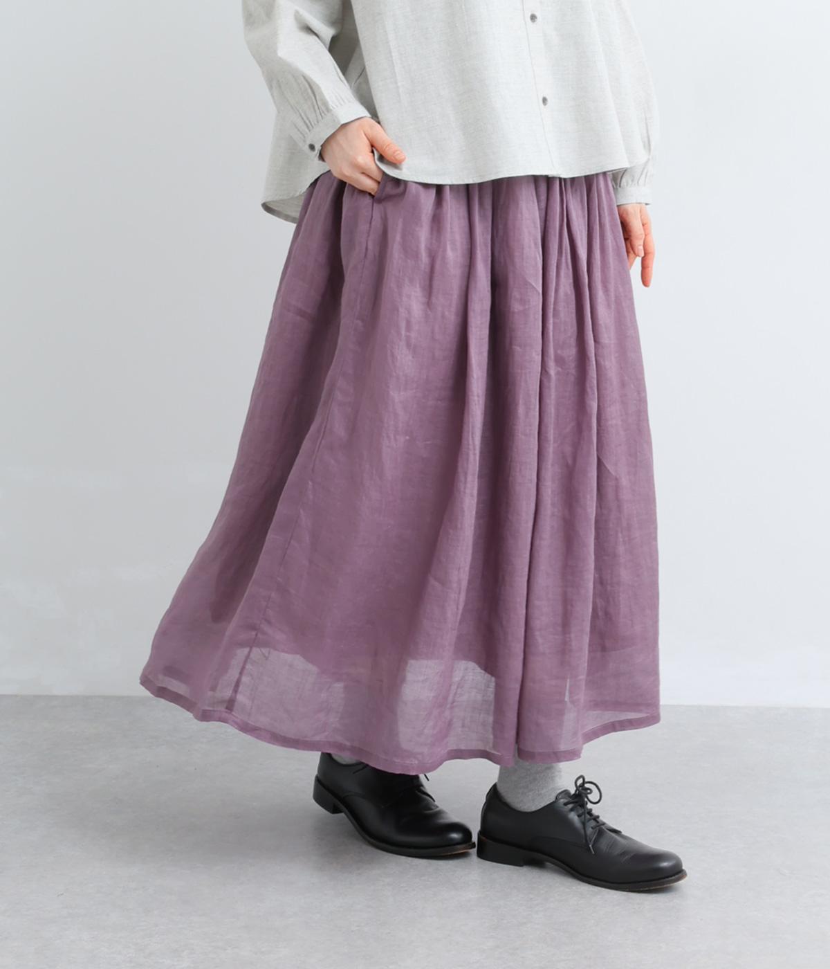 リネン100　平織りギャザースカート(パープル-F)