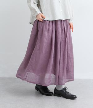 リネン100　平織りギャザースカート(パープル-F)
