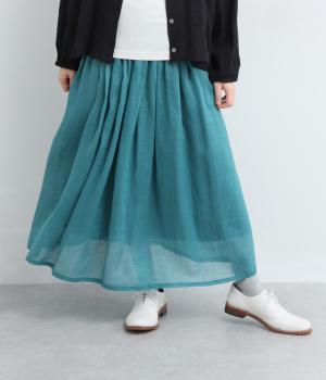 リネン100　平織りギャザースカート(ブルー-F)