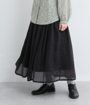 リネン100　平織りギャザースカート(ブラック-F)