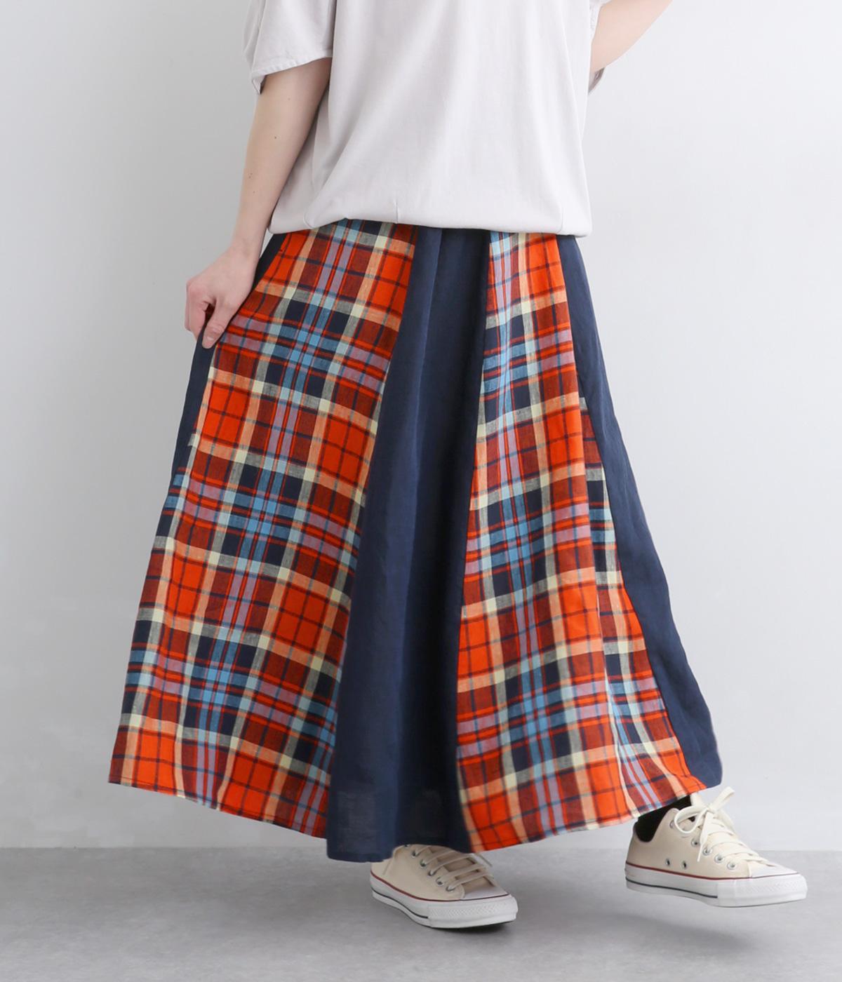 リネンチェックパッチワークスカート(オレンジ-F)