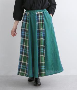 リネンチェックパッチワークスカート(グリーン-F)