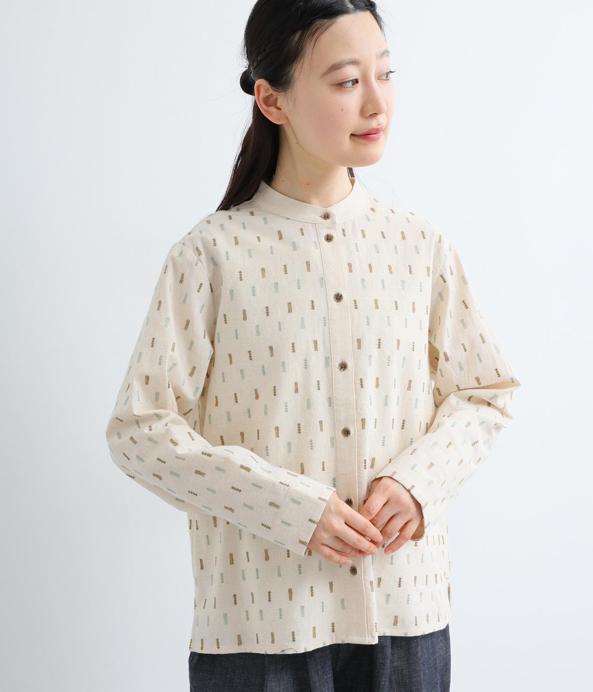 ダンガリー　オリジナル刺繍　バンドカラーブラウス(キナリ-F)