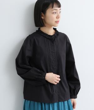 コットンローン　襟タックブラウス(ブラック-F)