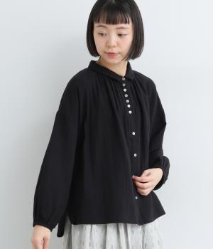 コットンガーゼ　ギャザーブラウス(ブラック-F)
