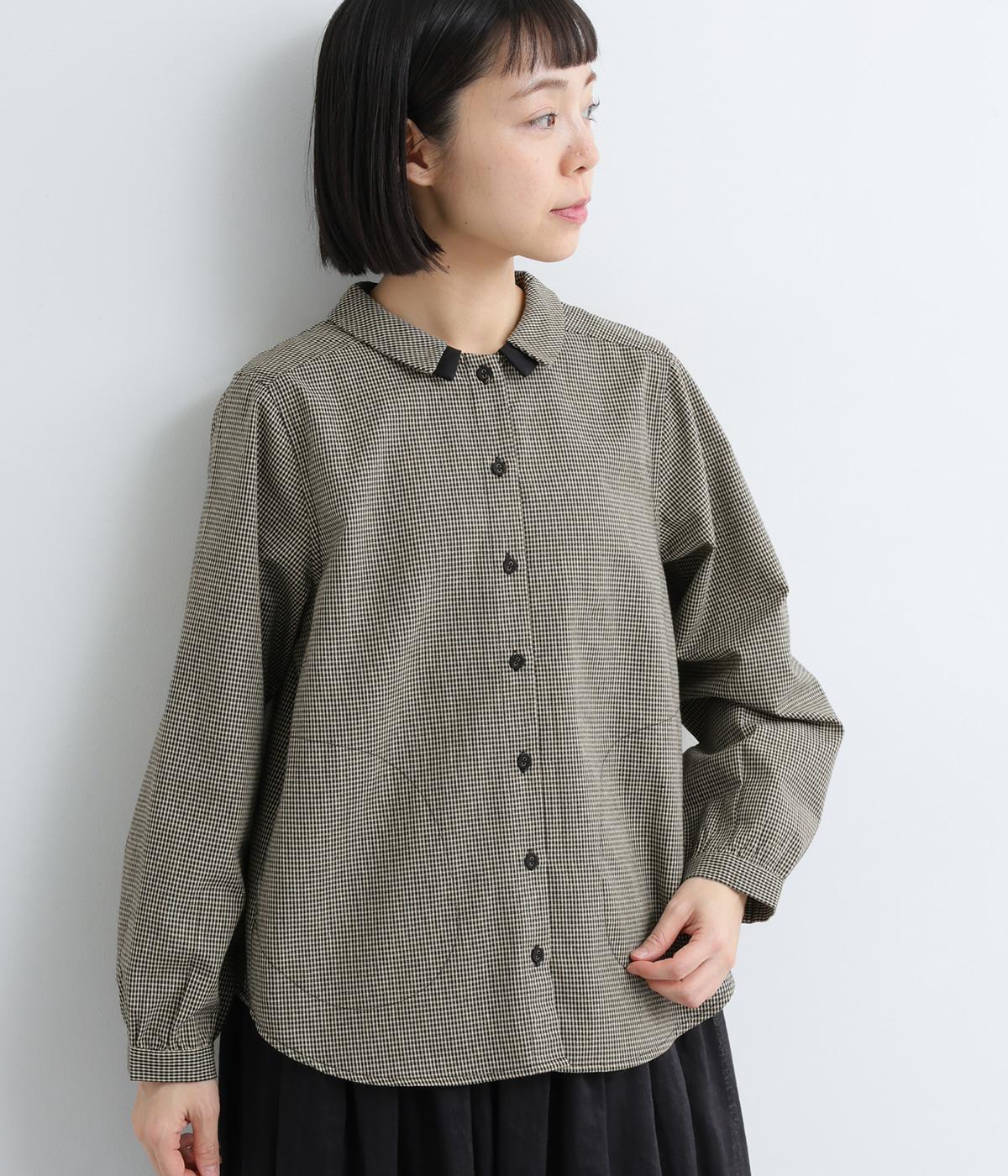 コットン混　平織チェックブラウス(ブラック-F)