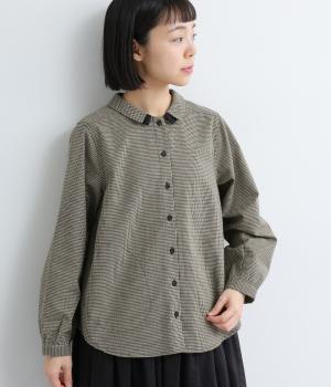 コットン混　平織チェックブラウス(ブラック-F)