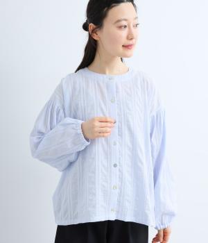コットン混　ドビーストライプブラウス(ブルー-F)