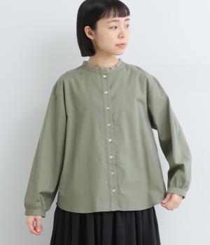 コットンリネン　平織りブラウス(モスグリーン-F)