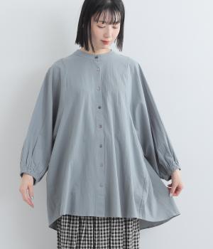 コットンローン　バックギャザーブラウス(ブルーグレー-F)