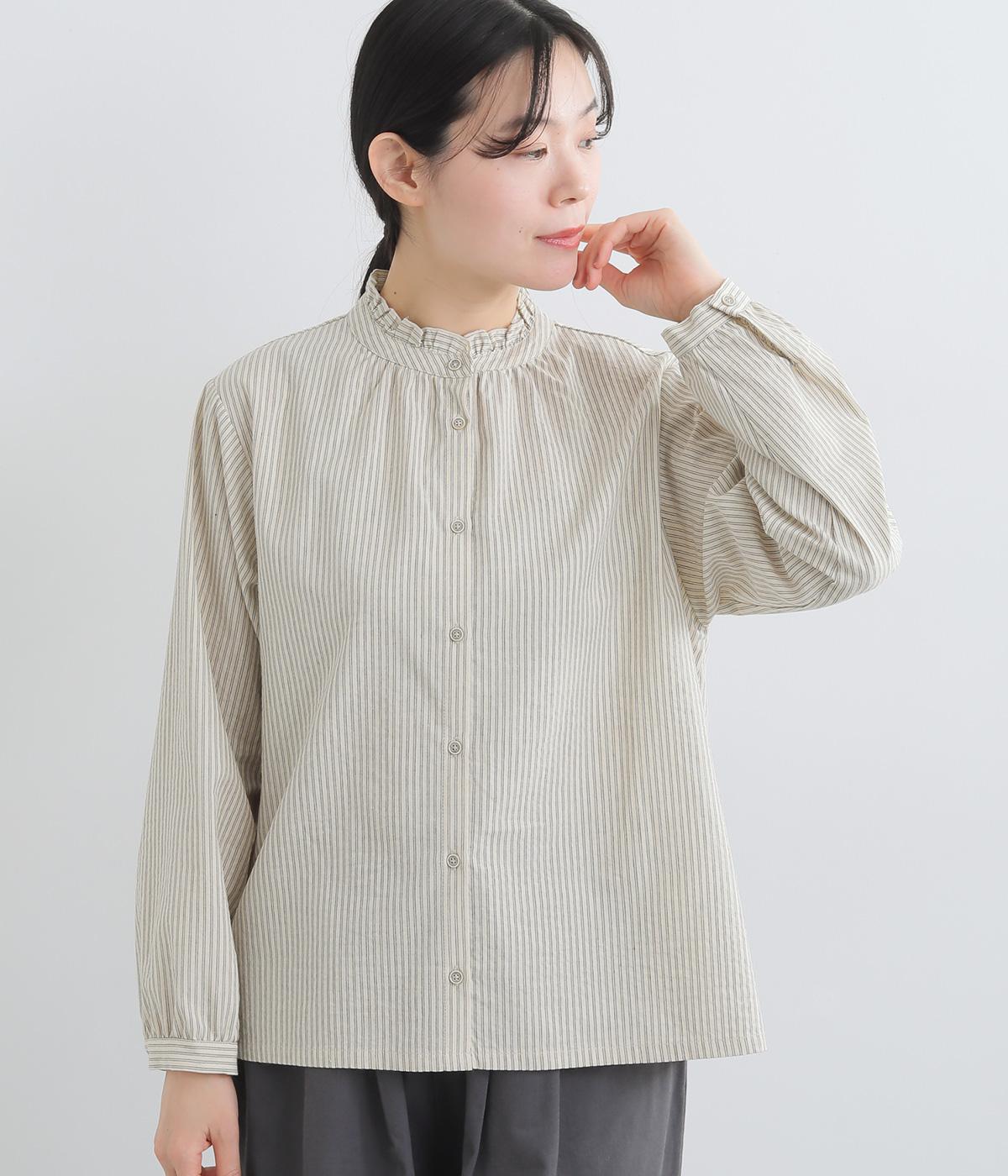 コットンストライプ　襟フリルブラウス(キナリ-F)