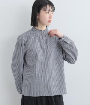 コットンストライプ　襟フリルブラウス(ネイビー-F)