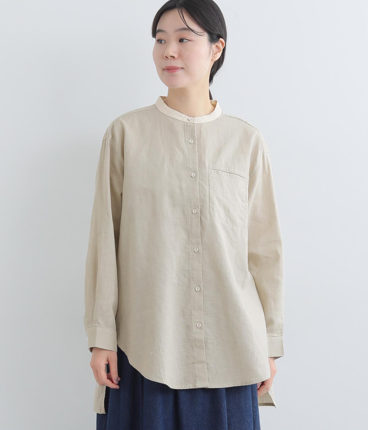 リネンコットン　平織クレリック前後差シャツ(グレー-F)