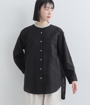 リネンコットン　平織クレリック前後差シャツ(ブラック-F)