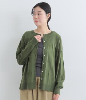 リネンコットン　ドットジャカードニットカーディガン(グリーン-F)