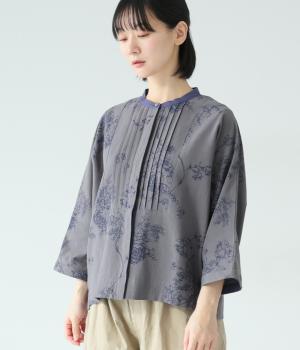 レーヨンリネン　大花プリントピンタックブラウス(グレー-F)