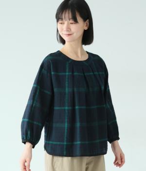 先染めチェック　センタータックプルオーバーブラウス