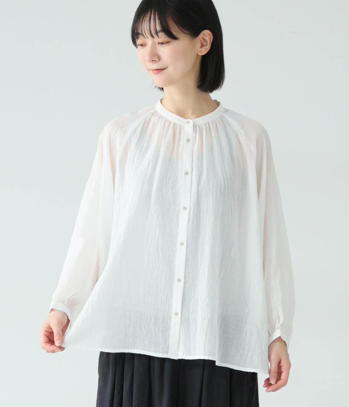 ガーゼシャンブレー　バンドカラーブラウス(オフホワイト-F)