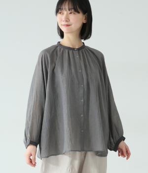 ガーゼシャンブレー　バンドカラーブラウス(チャコール-F)