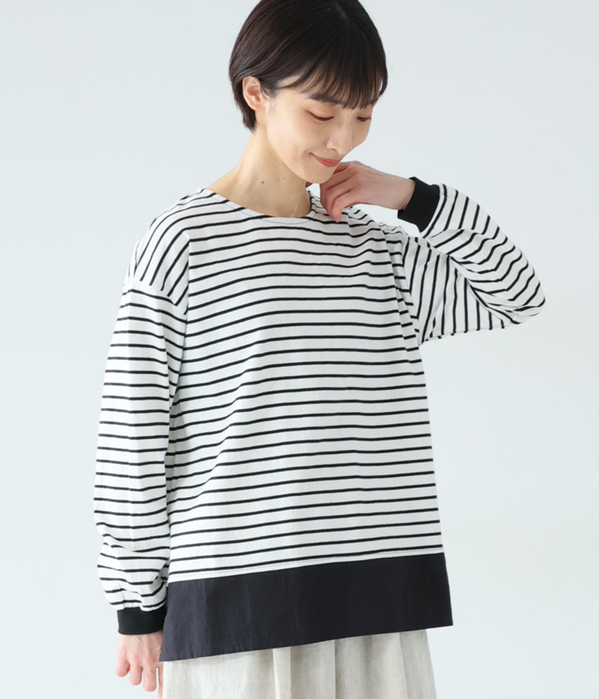 コットン天竺ボーダー布帛切り替えTシャツ(オフホワイト-F)