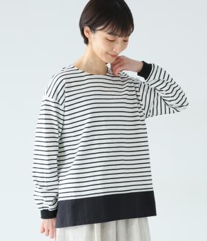 コットン天竺ボーダー布帛切り替えTシャツ(オフホワイト-F)