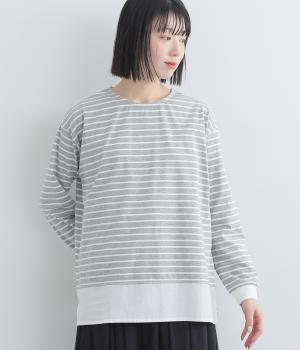 コットン天竺ボーダー布帛切り替えTシャツ(グレー-F)