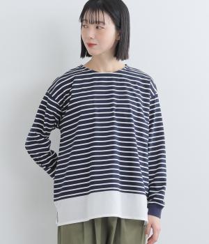 コットン天竺ボーダー布帛切り替えTシャツ(ネイビー-F)
