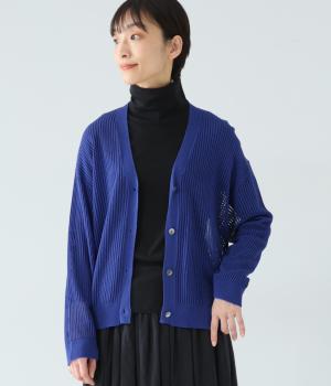 レーヨンリネン　透かし編みカーディガン(ブルー-F)